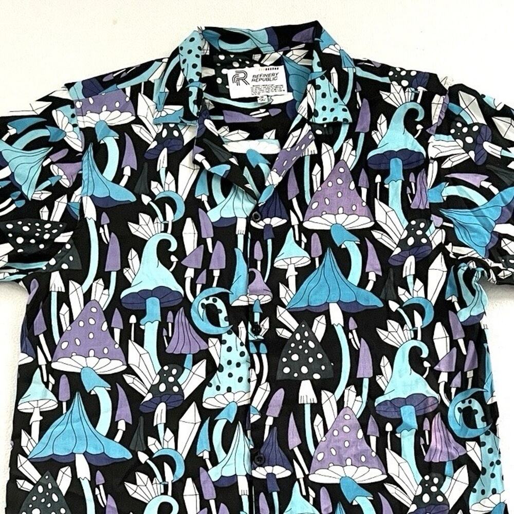 Refinery Republic Men Blue Black Mushroom Print Short Sleeve Button Camp Shirt M